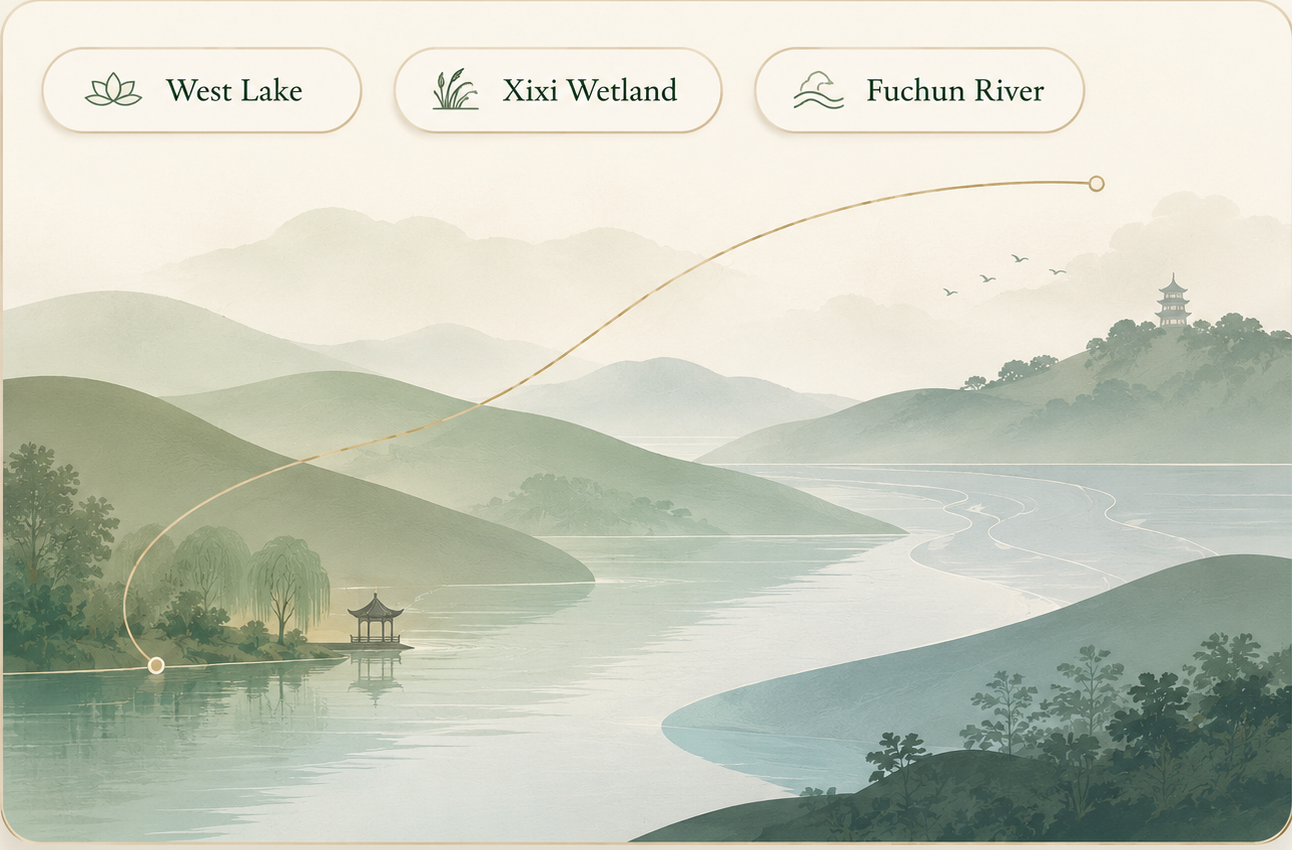 Editorial preview of Hangzhou stay styles across West Lake, Xixi Wetland and Fuchun River