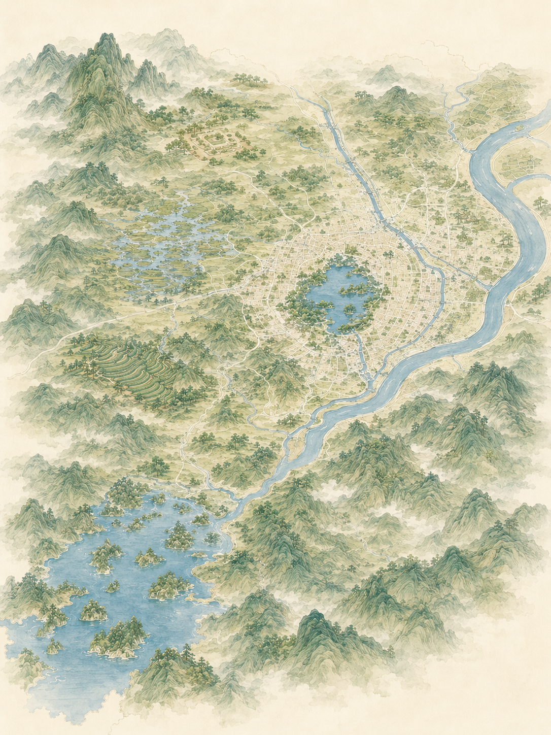 Clean watercolor map of Hangzhou landscapes without built-in numbered markers